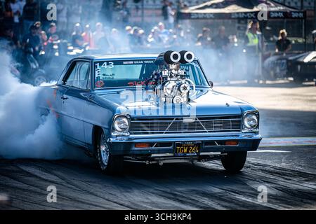 Drag Racing Fahrzeug BEI Burnout am Hockenheimring NitrOlympX, Europas gr ??tes Drag-Racing-Event, vom 29. bis 31. Août 2025 auf dem Hockenheimring. Banque D'Images