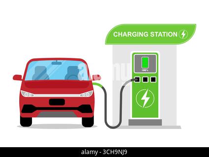 Recharge de voiture électrique à la borne de recharge de la ville. Illustration vectorielle. Illustration de Vecteur