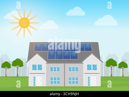 Maison avec panneaux solaires sur le toit. Sources d'énergie alternatives et renouvelables. Élément de concept d'électricité d'énergie verte. Illustration de Vecteur