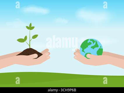 Sauvez la Terre. Sauver Globe. Sauver le monde sauver la planète. Green World. Concept écologique et d'énergie verte. Illustration de Vecteur