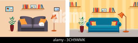 Salon avec canapé, lampe, plante et étagère. Illustration de Vecteur