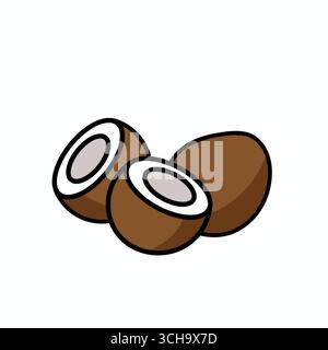 illustration de bande dessinée de noix de coco tropicales coupées en morceaux isolés. Contient des éléments biologiques et frais idéaux pour les thèmes estivaux, les aliments naturels, la nutrition végétalienne et les boissons tropicales. Banque D'Images
