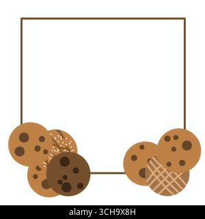 Un joli dessin animé plat illustration de biscuits faits maison, y compris des pépites de chocolat et des biscuits. Motif de cadre de biscuits Banque D'Images