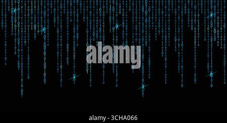 Flux de code binaire numérique bleu tombant sur fond noir, style futuriste cyber matrice Illustration de Vecteur