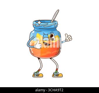 Dessin animé groovy miel pot dessert caractère drôle. Pot en verre ouvert ou bouteille avec du miel et une cuillère drôle de caractère groovy. Dessert de confiture sucrée naturelle, caricature de produit de rucher d'abeille isolé personnage Illustration de Vecteur