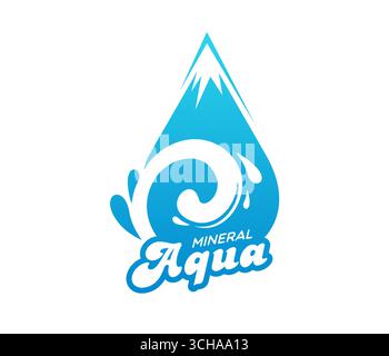 Icône ou symbole de goutte de boisson d'eau minérale pure. Icône de vecteur bleu d'eau pure, étiquette de bouteille de boisson naturelle ou emblème de marque. Écusson printemps aqua avec goutte bleue, pic enneigé de montagne et typographie graphique Illustration de Vecteur