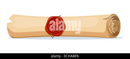 Rouleau de parchemin pirate roulé de bande dessinée scellé avec un tampon crâne de cire rouge. Jeu de corsaire des Caraïbes vecteur isolé ou icône de carte au trésor vintage, vieux papier robuste pour des histoires fantastiques ou des contes Illustration de Vecteur