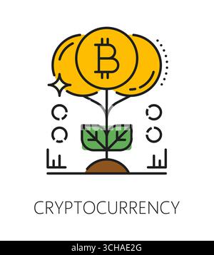 Investissement dans la crypto-monnaie, icône de ligne de couleur d'entreprise ou étiquette. Icône de vecteur de contour de commerce et d'investissement de crypto-monnaie, symbole de contour de technologie blockchain ou signe avec une usine de pièces d'or Bitcoin Illustration de Vecteur