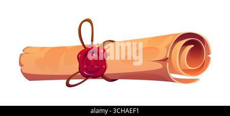 Rouleau de parchemin roulé de dessin animé attaché avec une ficelle et scellé avec un tampon crâne de cire rouge. Icône de carte au trésor vectorielle isolée, vieux papier robuste pour les jeux de pirates fantastiques ou livre de narration vintage Illustration de Vecteur