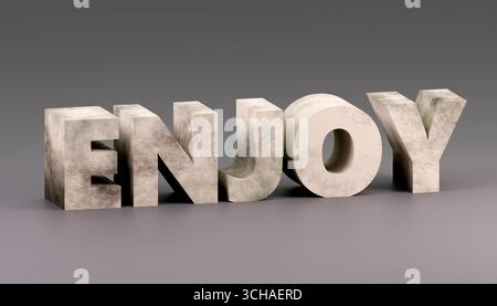 Inscription de béton de luxe profitez sur le podium léger, lumière douce, fond lisse, illustration de rendu 3D. Banque D'Images