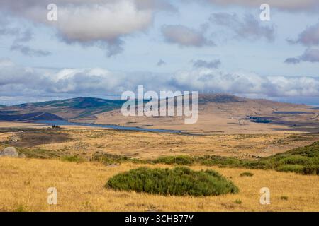 Une végétation luxuriante encadre un lac tranquille, avec des arbres fournissant de l'ombre sur une plage de sable. L'eau calme reflète un ciel clair, créant un atmo serein Banque D'Images