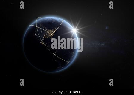 La terre la nuit depuis l'espace avec des lignes légères de communication, de connexion ou de voyage. Le système mondial de communication et le World Wide Web. Eléments de Banque D'Images