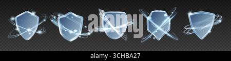 Bouclier 3D. Clear immune Protect. Sécurité sanitaire du verre contre les bactéries. Défense médicale sûre et brillante. Cercles de scintillements filants. Armure en plexiglas sur fond transparent. Objets de protection vectorielle définis Illustration de Vecteur