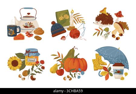 Eléments de chute. Collection d'autocollants d'automne, imprimé confortable café et citrouille ou composition de feuilles mignonnes. Champignons et feuilles jaunes, thé buvant et tricotant vecteur dessin animé plat illustration isolée Illustration de Vecteur