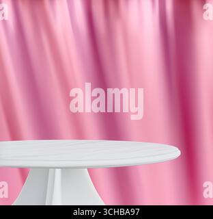 Table blanche. Podium du produit. Rideau de soie rose avec ombre sur l'affichage rond soufflant. Bois 3D vide pour la présentation cosmétique de soins de la peau de beauté. Draps textiles satinés. Plate-forme d'exposition réaliste vectorielle Illustration de Vecteur