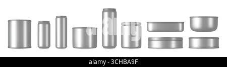 Maquette de boîte. Bière sodée en étain. Cylindre en aluminium 3D ou pots alimentaires en métal. Packs blancs vierges. Boîtes à café rondes. Paquets de conservation fermés. Bouteille métallique. Préserve l'emballage. Ensemble d'objets réalistes vectoriels Illustration de Vecteur