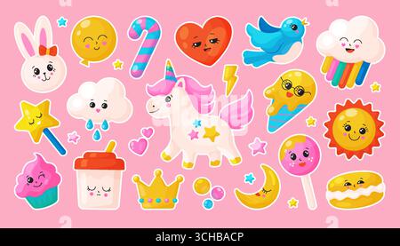 Autocollants mignons. Licorne Kawaii. Icônes arc-en-ciel et étoile. Fille doux joyeux anniversaire ou fête d'amour de bébé. Nuage de ciel avec visage heureux. Amour coeur. Expression positive des émotions. Jeu de personnages de dessin animé vectoriel Illustration de Vecteur