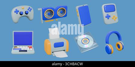 Icônes de technologie 3D. EQUIPEMENT électronique. Écran de téléphone et d'ordinateur portable. Manette de jeu vidéo. Rendu smartphone ou périphérique Internet. Gadgets de bureau. Clavier d'ordinateur et imprimante. Ensemble d'objets plastiques vectoriels Illustration de Vecteur