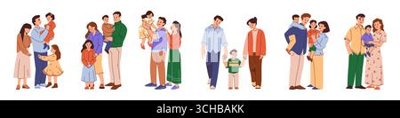 Heureux parents. Enfant avec mère et père, adoptez enfant ou divers soins d'enfants. Couples de gens, personnages multiculturels. Femme et mari portrait. Ensemble d'illustrations isolées de style plat de dessin animé vectoriel Illustration de Vecteur