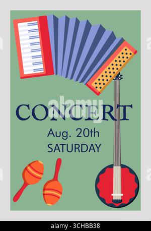Festival de musique. Bannière d'invitation. Affiche sur la partie de musique ethnique, modèle de flyer pour le spectacle de divertissement, instruments guitare accordéon et maracas. Promotion concert. Illustration isolée vectorielle Illustration de Vecteur