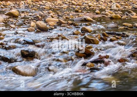 Gros plan de l'eau qui coule rapidement sur les galets arrondis dans un lit de rivière. Photographié dans la rivière Virgin dans le parc national de Zion, Utah Banque D'Images