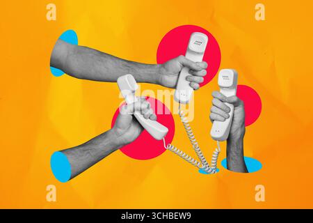 Croquis image tendance illustration montage photo 3D collage de trois mains téléphone fixe opérateur communication CUSTIMER service appel Banque D'Images