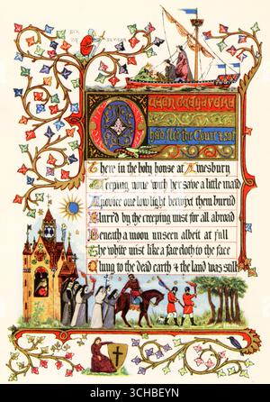 Reine Guinevere, 1865. Par Sir Richard Rivington Holmes (1835-1911). Manuscrit enluminé illustrant le poème Guinevere from Idylles of the King d'Alfred, Lord Tennyson (1809-1892). Banque D'Images