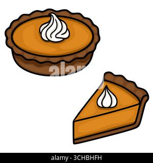 Délicieuse illustration vectorielle d'une tarte à la citrouille entière et d'une tranche, toutes deux ornées de crème fouettée, présentées dans un style de dessin animé vibrant. Illustration de Vecteur