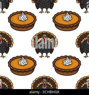 Un charmant motif vectoriel sans couture avec des images alternées d'une dinde rôtie entière et d'une tarte à la citrouille avec de la crème fouettée, parfait pour Thanksgi Illustration de Vecteur
