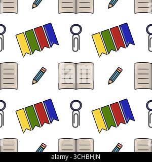 Modèle vectoriel sans couture avec des articles de papeterie joyeux comme des crayons, des cahiers, des trombones et des signets colorés, idéal pour l'éducation ou le bac Illustration de Vecteur