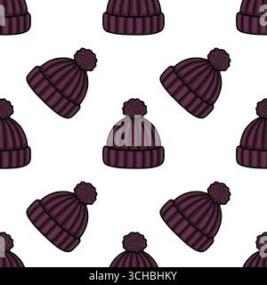 Modèle vectoriel sans couture de chapeaux d'hiver tricotés marron élégants avec pompons, disposés dans une composition dispersée et dynamique contre un dos blanc propre Illustration de Vecteur