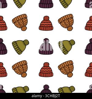 Modèle vectoriel sans couture de bonnets d'hiver dessinés à la main dans des couleurs automnales, avec divers styles avec et sans pompons, parfait pour le desig textile Illustration de Vecteur
