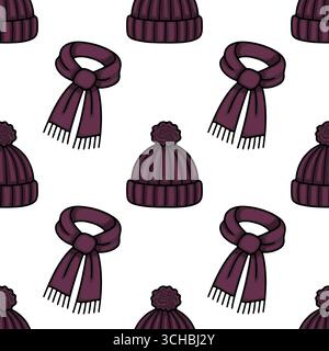 Modèle vectoriel sans couture avec des illustrations dessinées à la main de chapeaux d'hiver tricotés marron avec pompons et foulards assortis, créant un style confortable Illustration de Vecteur