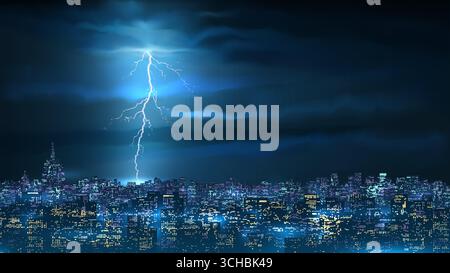 Orage, éclairs lumineux la nuit au-dessus de la ville. Fond d'écran Thunder Lightning, fond. Thunderbolt dans un ciel nuageux inquiétant. Bleu paysage urbain Illustration de Vecteur