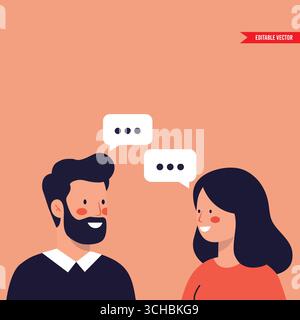 Couple heureux communiquant : Flat Design illustration de l'homme et de la femme parlant Illustration de Vecteur