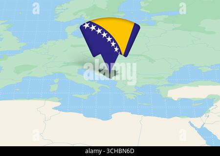Bosnie-Herzégovine mise en évidence sur la carte de l'Europe avec l'icône drapeau. Conception vectorielle détaillée. Illustration de Vecteur