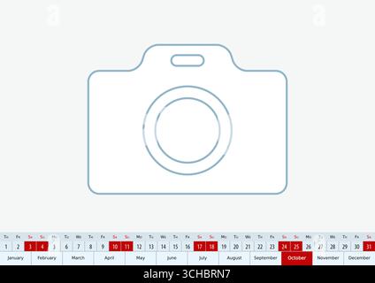 Octobre 2026 pour le calendrier de bureau, calendrier vectoriel d'une ligne en anglais. Illustration de Vecteur