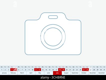 Juillet 2026 pour le calendrier de bureau, calendrier vectoriel d'une ligne en anglais. Illustration de Vecteur