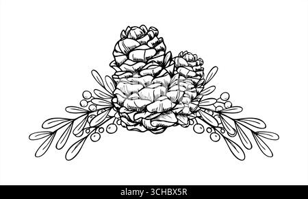 Pomme de pin et branches persistantes décoratives avec illustration vectorielle monochrome de baies peinte par des encres noires. Dessin à la gravure d'une composition de Noël Illustration de Vecteur