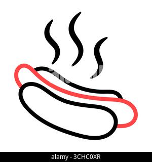 Icône Hot Dog avec vapeur. Un hot-dog avec une saucisse à l'intérieur d'un petit pain, mis en évidence par de simples contours noirs et rouges. Parfait pour les projets liés à l'alimentation. Illustration de Vecteur