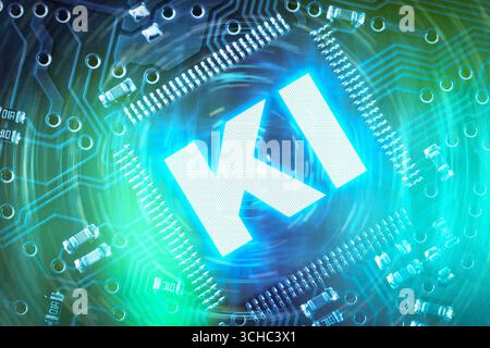 Bavière, Allemagne - 1er septembre 2025 : PHOTOMONTAGE, puce d'ordinateur lumineuse avec la grande inscription : AI, sur le circuit imprimé. Photo symbolique pour l'intelligence artificielle, le numérique, les algorithmes et l'informatique moderne *** FOTOMONTAGE, Leuchtender Computerchip mit der großen Aufschrift : KI, auf Leiterplatte. Symbolfoto für künstliche Intelligenz, digitale Technik, Algorithmen und moderne Computertechnologie Banque D'Images