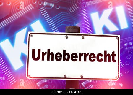 Bavière, Allemagne - 1er septembre 2025 : PHOTOMONTAGE, signe avec l'inscription : Copyright, sur fond avec lettrage ai lumineux et circuits. Image symbolique de l'intelligence artificielle et du droit d'auteur *** FOTOMONTAGE, Schild mit der Aufschrift : Urheberrecht, vor einem Hintergrund mit leuchtender Ki-Schrift und Schaltkreisen. Symbolbild künstliche Intelligenz und das Urheberrecht Banque D'Images