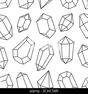 Motif de contour de gemmes mystiques. Cristaux de différentes formes géométriques et tailles. Pierres précieuses, améthyste, rubis, saphir, émeraude, topaze et quartz. Illustration de Vecteur