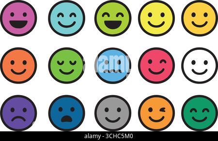 Colorée Smiley face Emoji ensemble d'icônes - émoticônes amusantes de dessin animé mignon avec émotions expressives Collection vectorielle Illustration de Vecteur