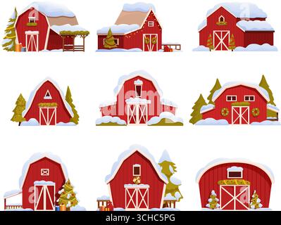 Granges rouges de Noël. Décorations de vacances d'hiver sur ferme en bois rouge. Arbre de Noël avec guirlandes, couronne, piles de boîtes présentes, sapid vecteur set original Illustration de Vecteur