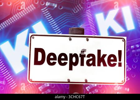 Bavière, Allemagne - 1er septembre 2025 : PHOTOMONTAGE, signe avec l'inscription : Deepfake devant un fond lumineux avec écriture et circuits ai. Photo symbolique pour la référence de l'intelligence artificielle aux technologies deepfake *** FOTOMONTAGE, Schild mit der Aufschrift : Deepfake vor leuchtendem Hintergrund mit Ki-Schrift und Schaltkreisen. Symbolfoto für den Bezug von künstlicher Intelligenz zu Deepfake-Technologien Banque D'Images