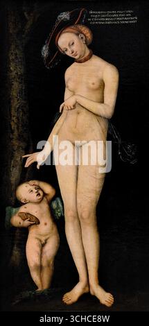 Vénus et Cupidon le voleur de miel 1531 Lucas Cranach l'ancien (1472-1553) Musée allemand Allemagne Cupidon piqué par les abeilles après avoir volé un nid d'abeilles, avec Vénus offrant peu de sympathie. Le sujet sert d'avertissement moral sur les conséquences douloureuses du désir illicite, contrastant la douce tentation du miel avec la douleur piquante de la luxure, avec Vénus, la déesse de l'amour, représentant potentiellement soit une affection indulgente, soit un avertissement sur l'attrait de l'amour superficiel Banque D'Images