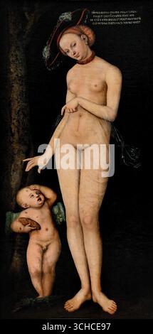 Vénus et Cupidon le voleur de miel 1531 Lucas Cranach l'ancien (1472-1553) Musée allemand Allemagne Cupidon piqué par les abeilles après avoir volé un nid d'abeilles, avec Vénus offrant peu de sympathie. Le sujet sert d'avertissement moral sur les conséquences douloureuses du désir illicite, contrastant la douce tentation du miel avec la douleur piquante de la luxure, avec Vénus, la déesse de l'amour, représentant potentiellement soit une affection indulgente, soit un avertissement sur l'attrait de l'amour superficiel Banque D'Images