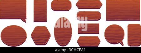 Enseignes de jeu en bois. Cartoon plaque bois texture boutons ui actifs, ferme bannière plaque carrée ronde bulle de dialogue forme menu cadre planche plaque planche gami Illustration de Vecteur