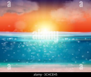 Coucher de soleil réaliste sur la mer. Soleil d'été océan bleu eau paisible fond, fond de sable marin profond fond rouge rose violet ciel lumière plage voyage 3d la Illustration de Vecteur